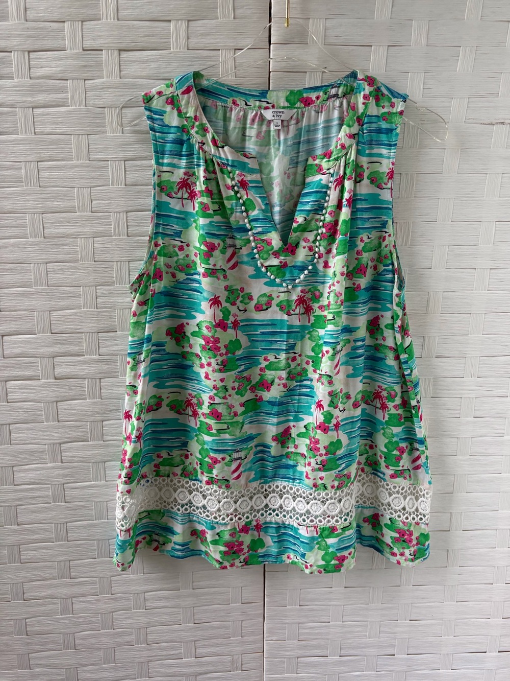 crown & ivy Sleeveless V-Neck Floral Stripe Camisole in Teal, Green & Pink